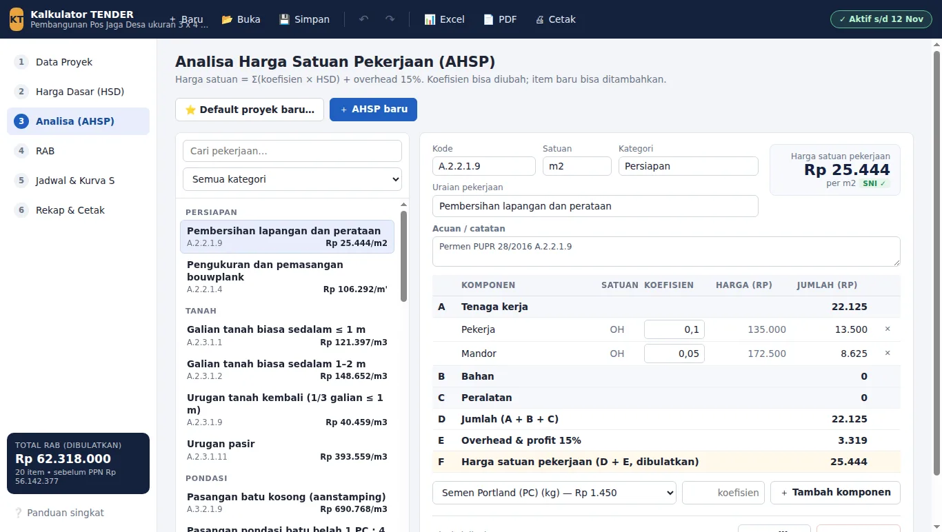 Tab Analisa AHSP Kalkulator TENDER
